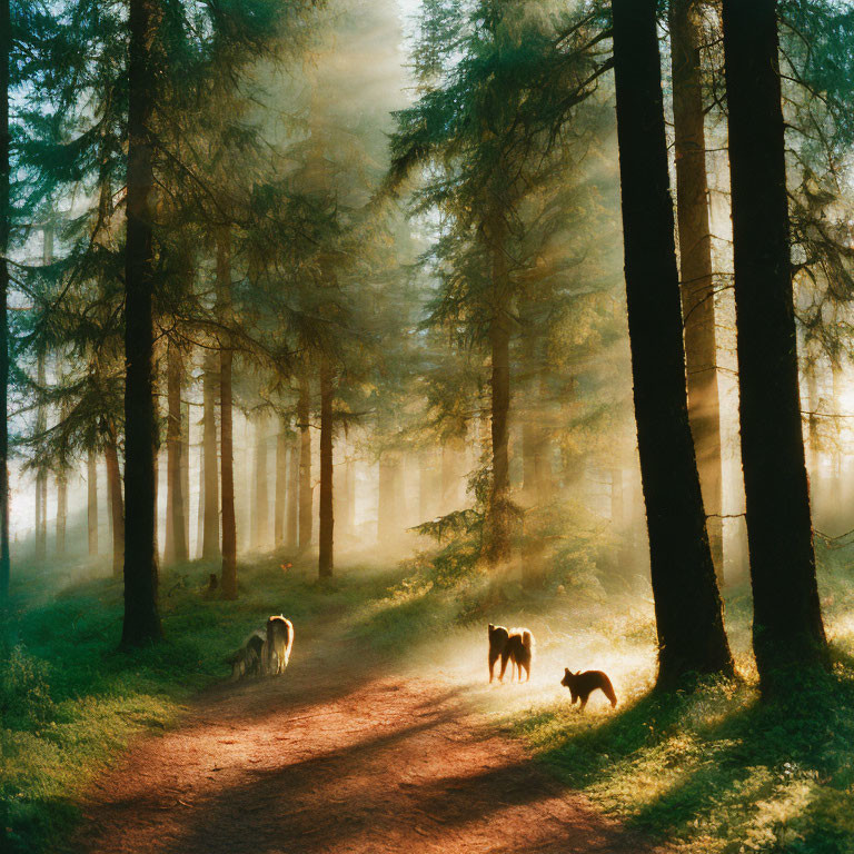 Tranquil forest setting with sunlight, dogs, and hazy atmosphere