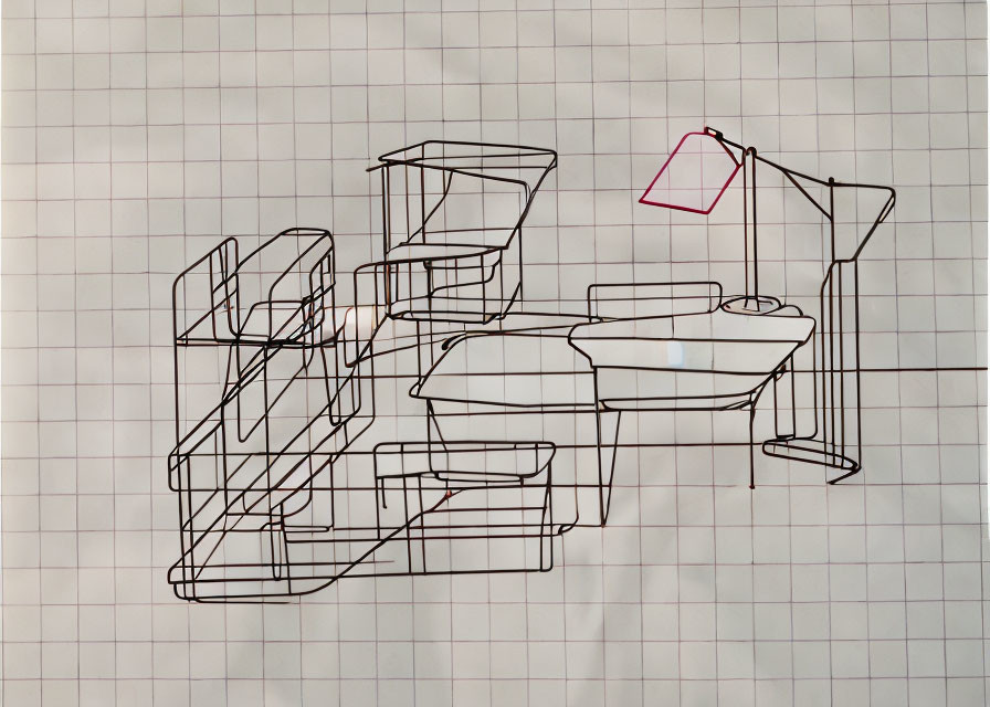 Room interior sketch on grid paper with couch, coffee table, and floor lamp.