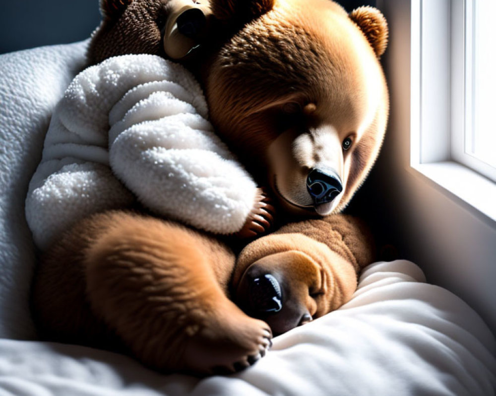 Plush Teddy Bear Hugging Two Smaller Bears by Window