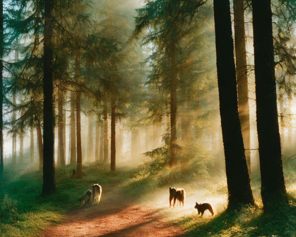 Tranquil forest setting with sunlight, dogs, and hazy atmosphere
