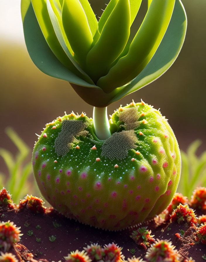 Heart-shaped cactus with succulent plant and blurred background