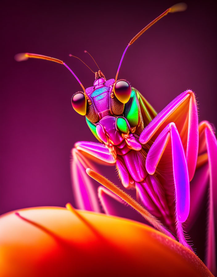 Vibrant iridescent praying mantis on purple background with detailed exoskeleton