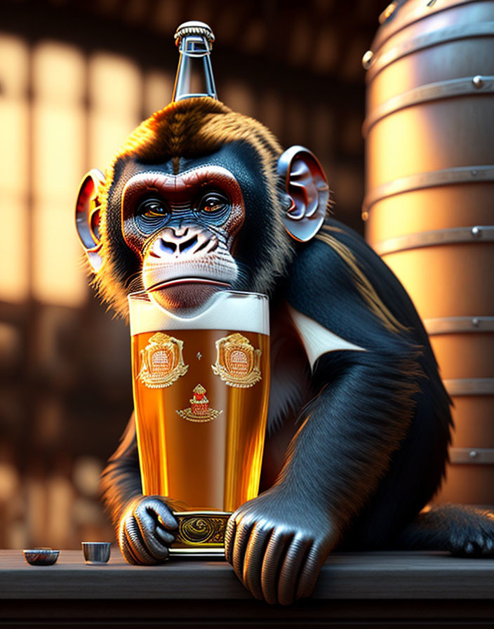 3D-rendered chimpanzee at bar with beer pint and barrels
