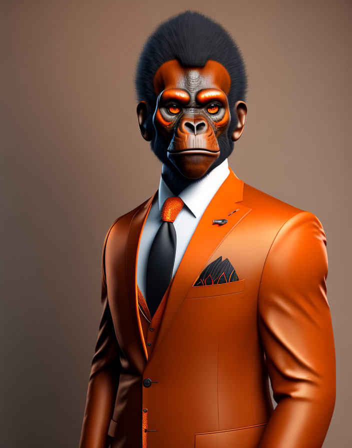 Stylish anthropomorphized gorilla in elegant orange suit