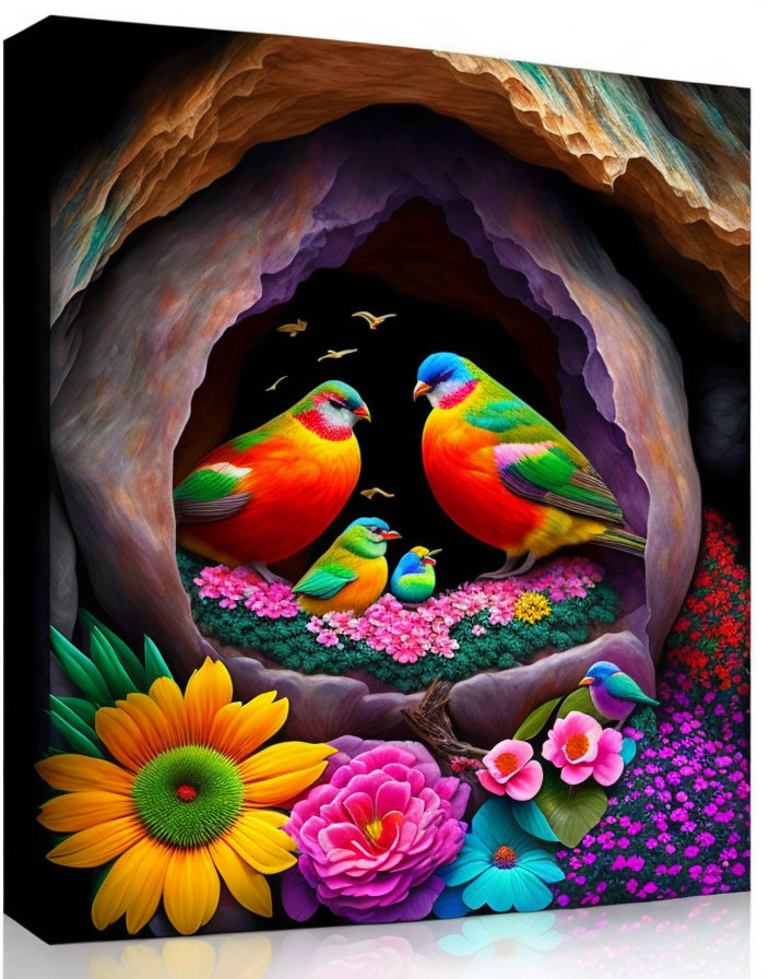 Vibrant birds and flowers in cave painting