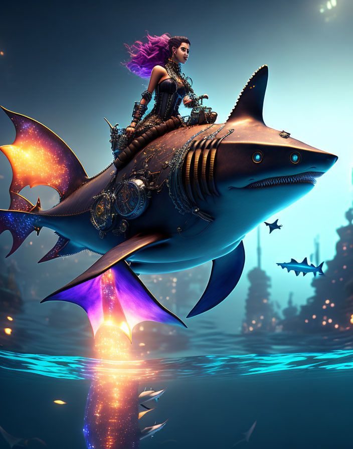 Purple-haired woman rides glowing-finned mechanical shark above ocean with underwater city.