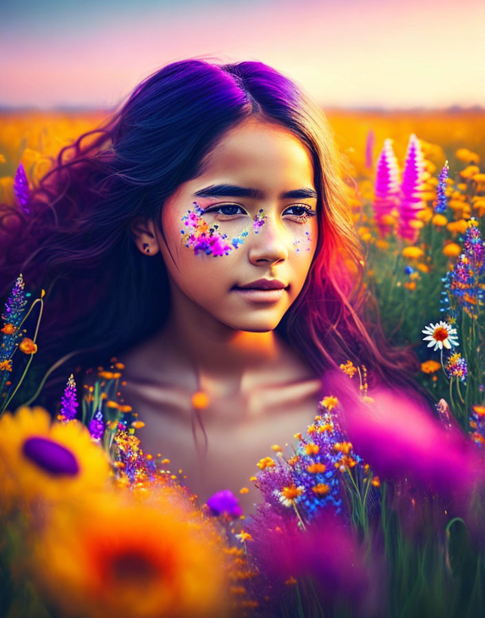 Girl with Purple Hair and Floral Face Paint in Vibrant Wildflower Field at Sunset