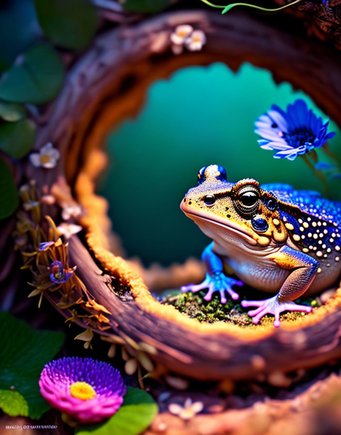 Colorful Frog in Wooden Ring Surrounded by Lush Foliage and Purple Flowers