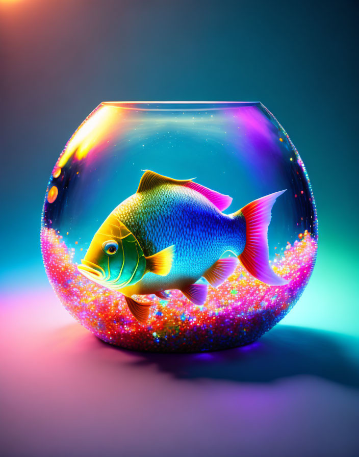 Colorful Fish in Glowing Bowl on Gradient Background