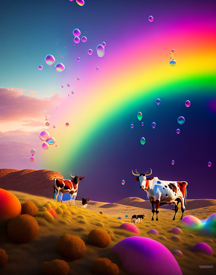 Colorful landscape with cows, sand dunes, bubbles, and rainbow