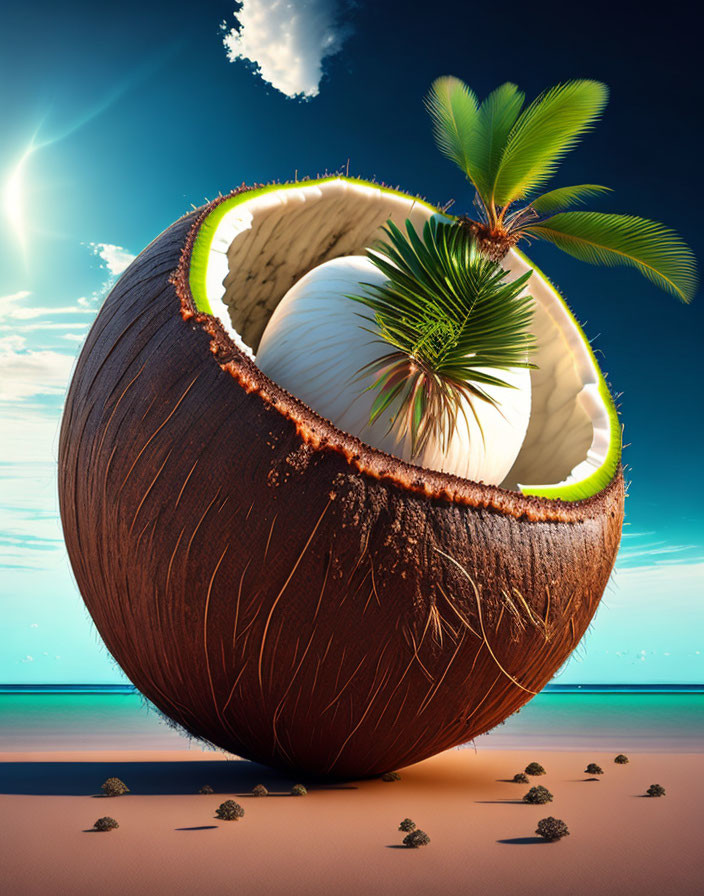Coconut with beach scene: sand, palm tree, oversized moon