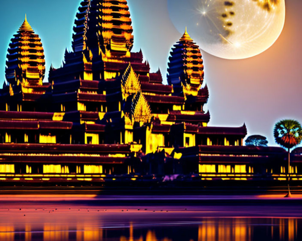 Ornate temple complex and moonlit water scene