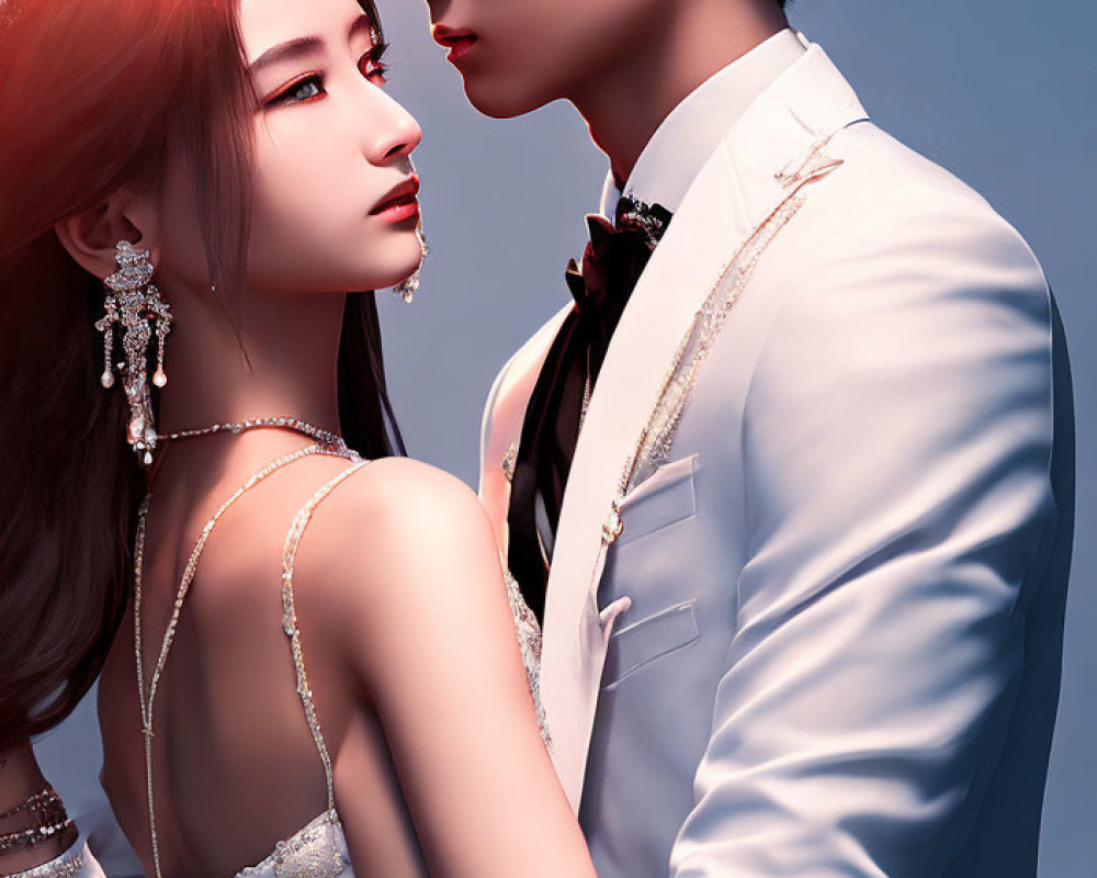 Digital artwork: Couple in white suit and beaded gown gazing intimately