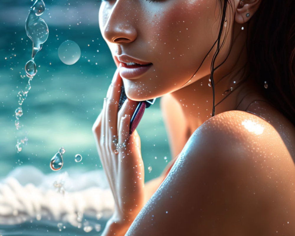 Tranquil woman in water, skin glistening under soft light
