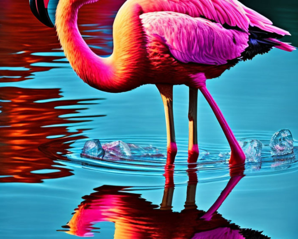 Pink flamingo in vivid blue water with reflection and ripples