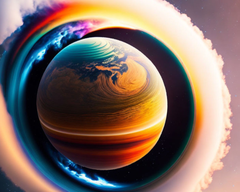 Colorful planet with rings in space scenery.