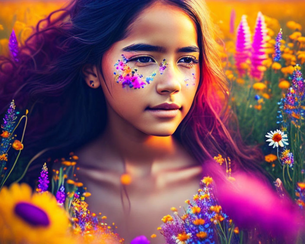 Girl with Purple Hair and Floral Face Paint in Vibrant Wildflower Field at Sunset
