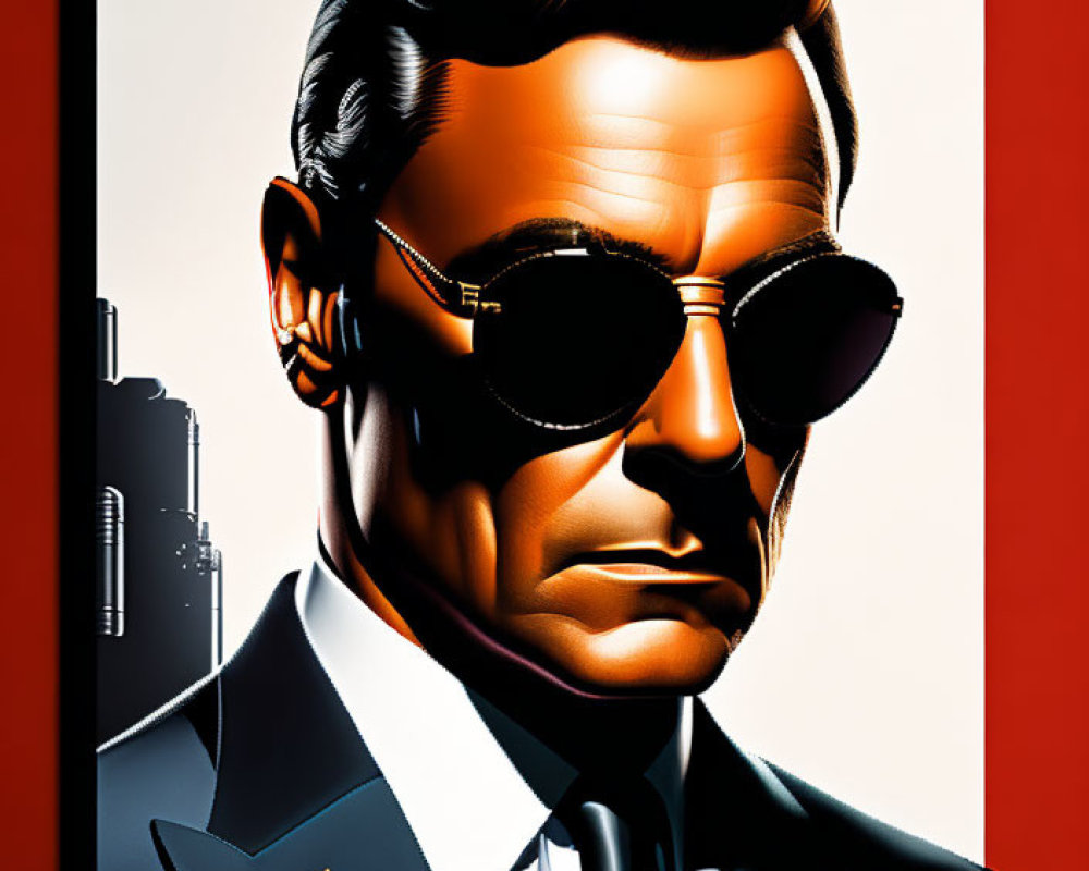 Suave man in suit with sunglasses on red background, city silhouette - secret agent theme