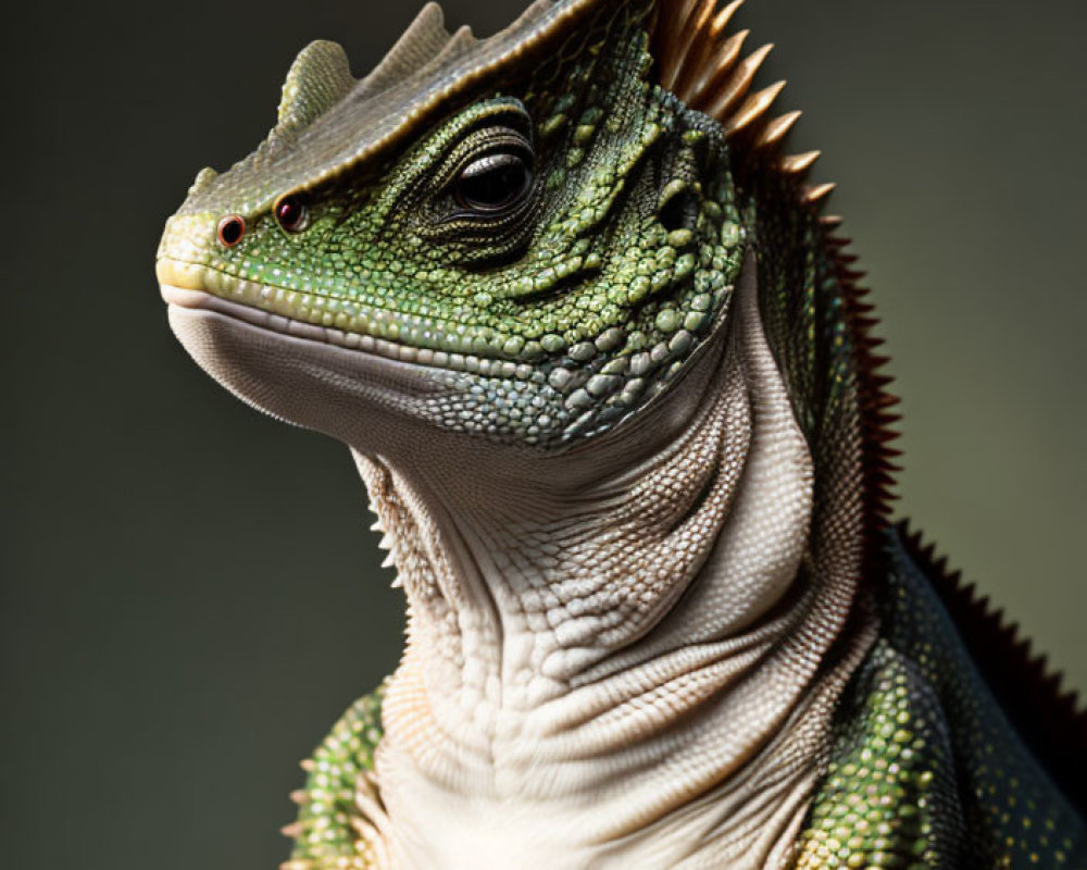 Detailed portrait of green and yellow iguana with spiky scales and red eyes.