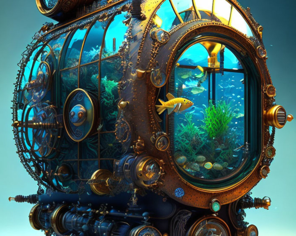 Steampunk Submarine with Large Glass Window and Aquatic Life on Gradient Background