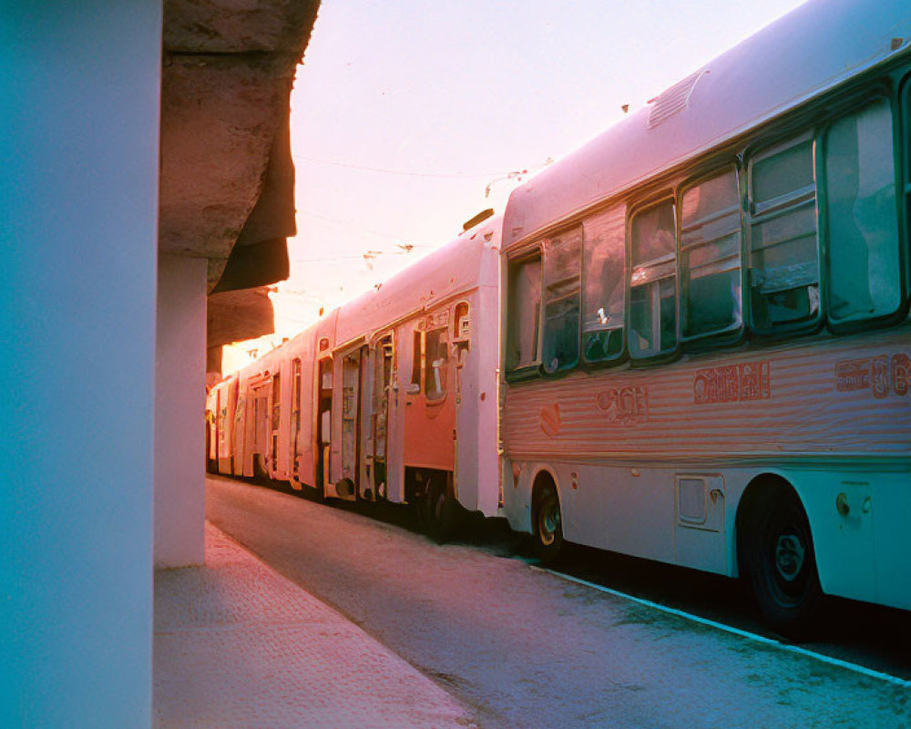 Parked buses in warm sunlight under clear sky from alleyway