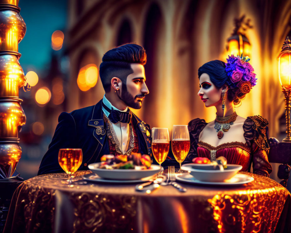 Gothic Victorian-themed romantic dinner with stylish couple