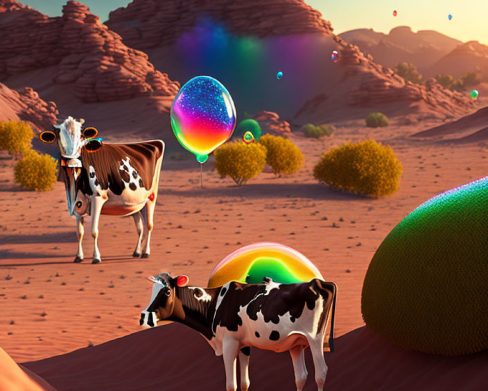 Surreal desert landscape with two cows, colorful bubbles, and large fruits