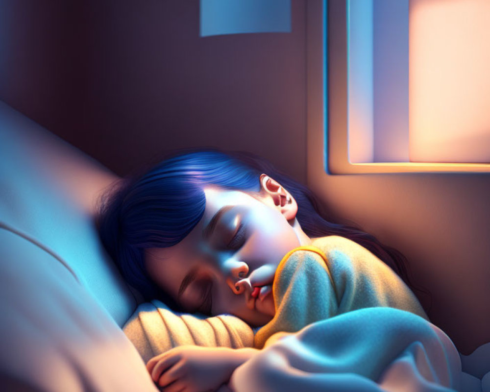 Child peacefully sleeping in cozy, blue-lit room at dawn or dusk