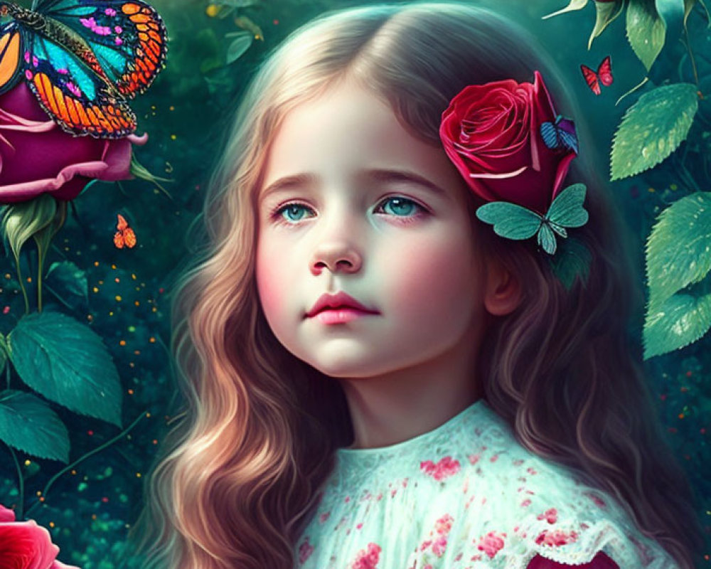 Young girl with wavy hair among vibrant flowers and butterflies in lush garden