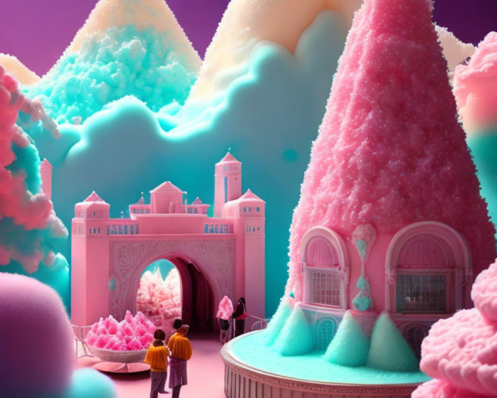 Pastel Mountains and Whimsical Castle Gate in Candy-Colored Landscape