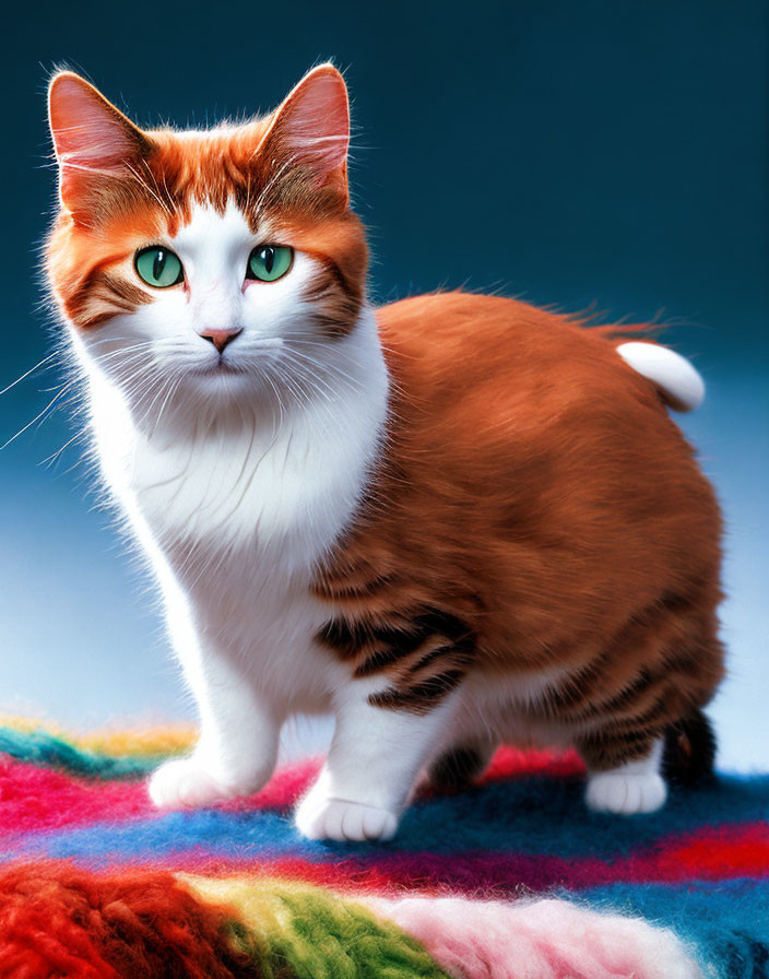 Orange and White Cat with Green Eyes on Colorful Striped Textile