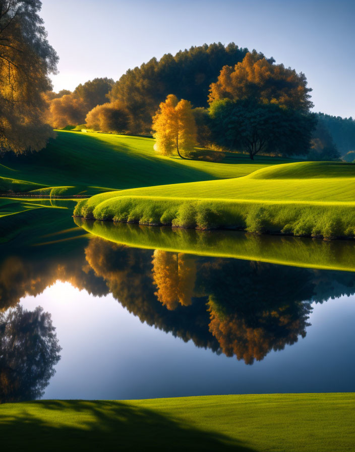 Tranquil landscape: rolling hills, autumn trees, still water