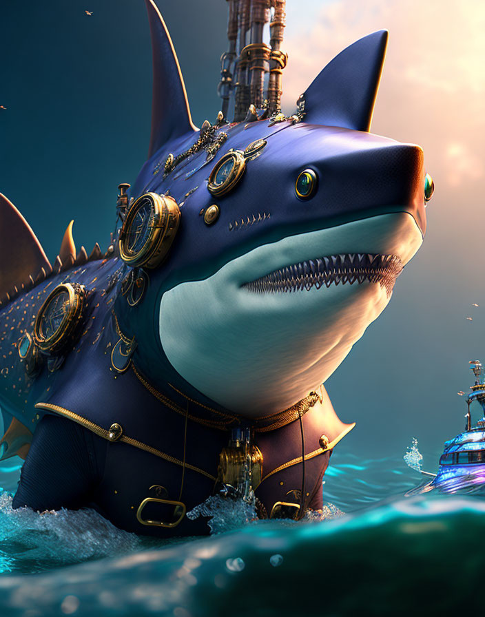 Stylized 3D Shark Illustration with Steampunk Accessories