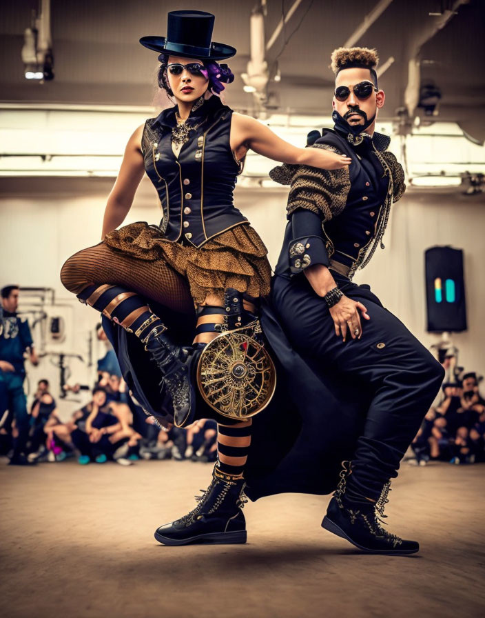 Man and woman in steampunk attire with top hats and goggles posing confidently.