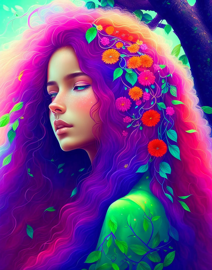 Colorful illustration: Woman with purple hair, flowers, leaves, blending with tree.