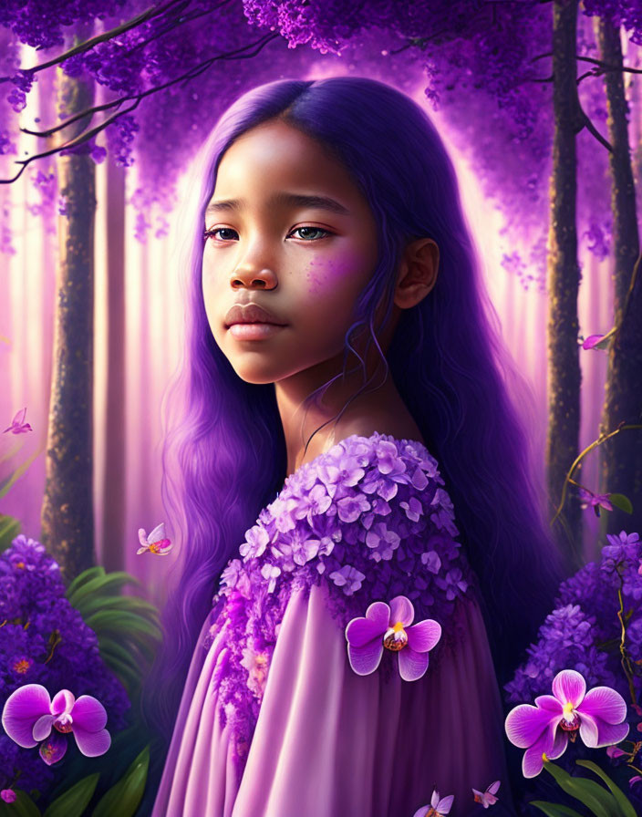 Young girl with purple hair in violet forest with flowers and butterflies