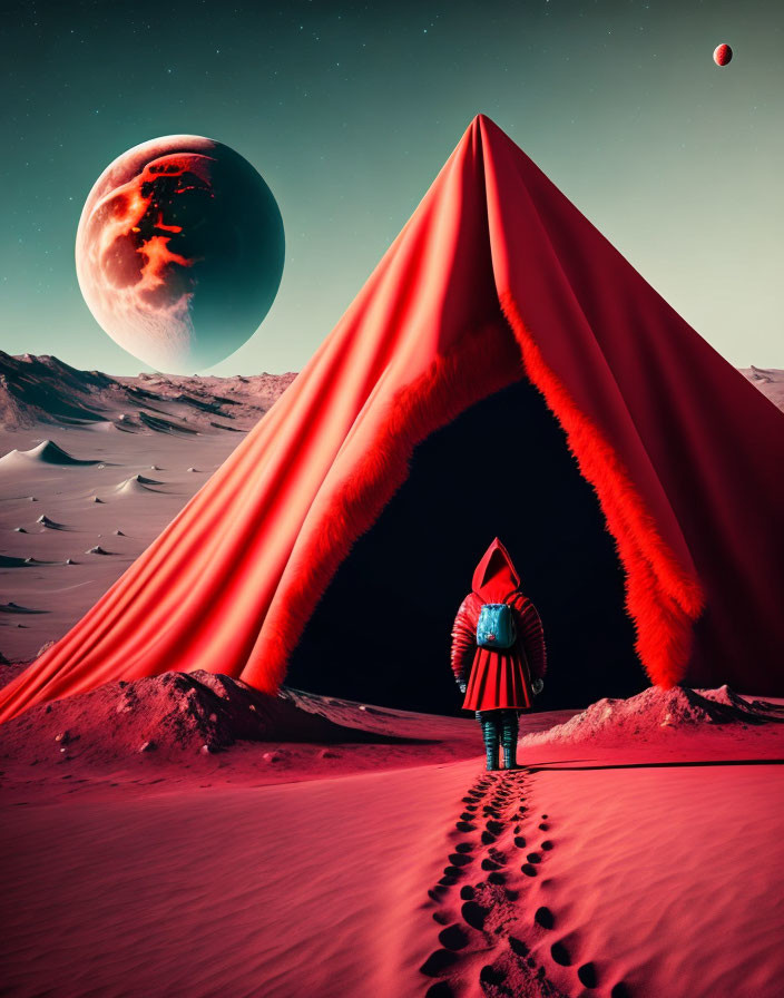Person in spacesuit near triangular structure on red alien desert with huge planets.