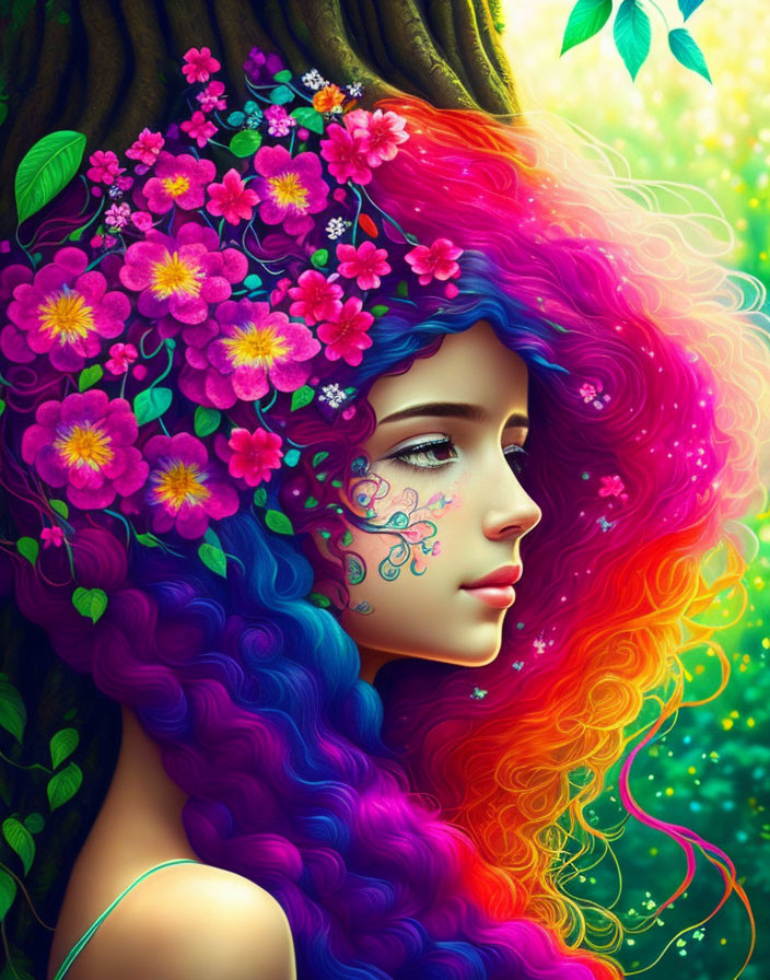 Vibrant Multicolored Hair Woman Illustration with Bright Flowers