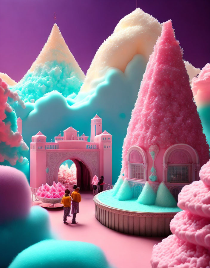 Pastel Mountains and Whimsical Castle Gate in Candy-Colored Landscape