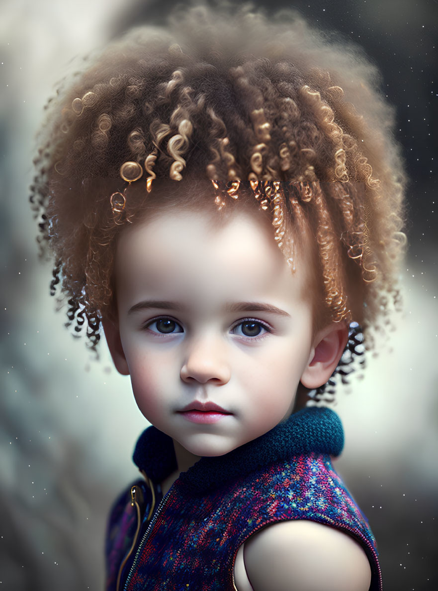 Child with Curly Hair in Blue and Red Garment Portrait Close-Up