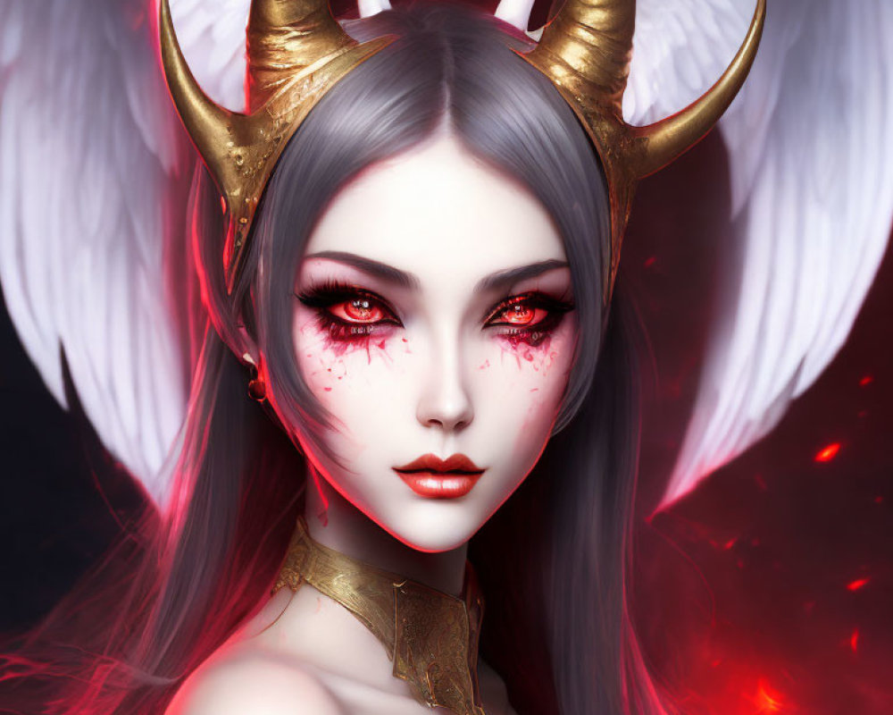 Illustration of character with horns, red eyes, white wings, and golden accents