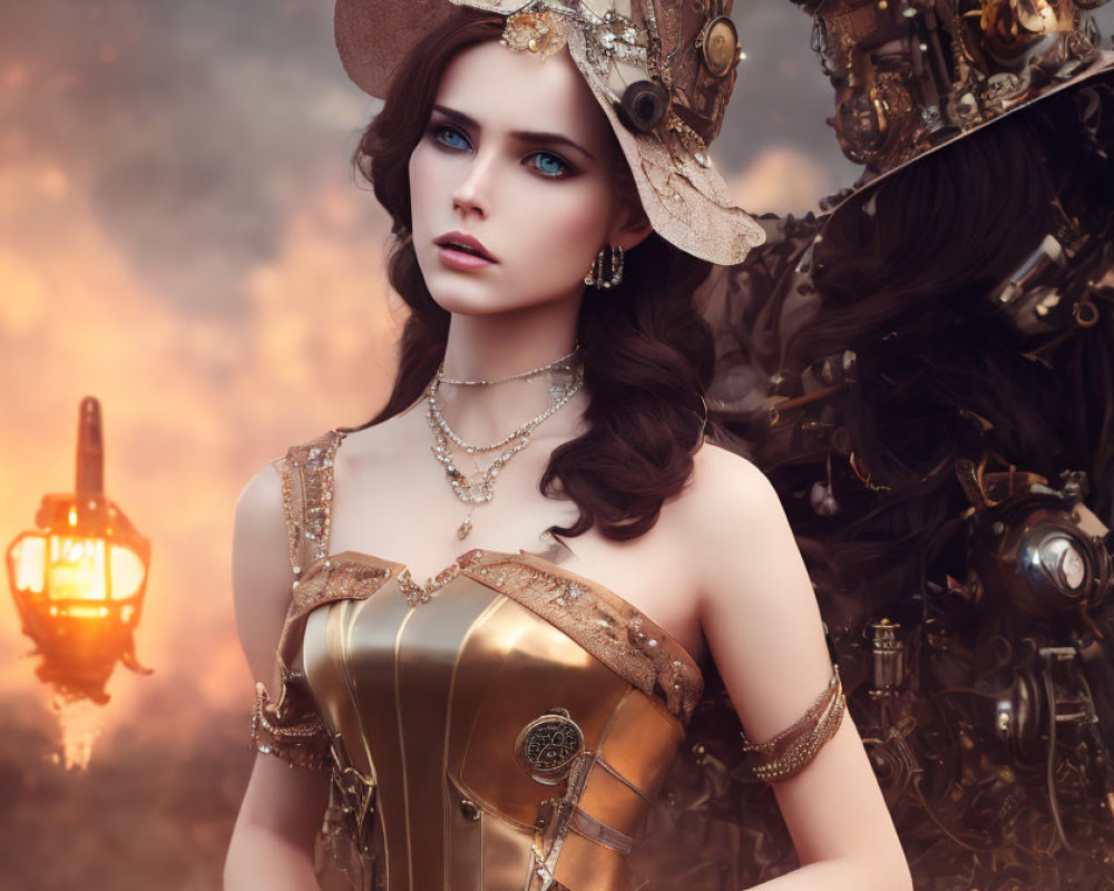 Steampunk-themed woman with corset and gears in front of mechanical background
