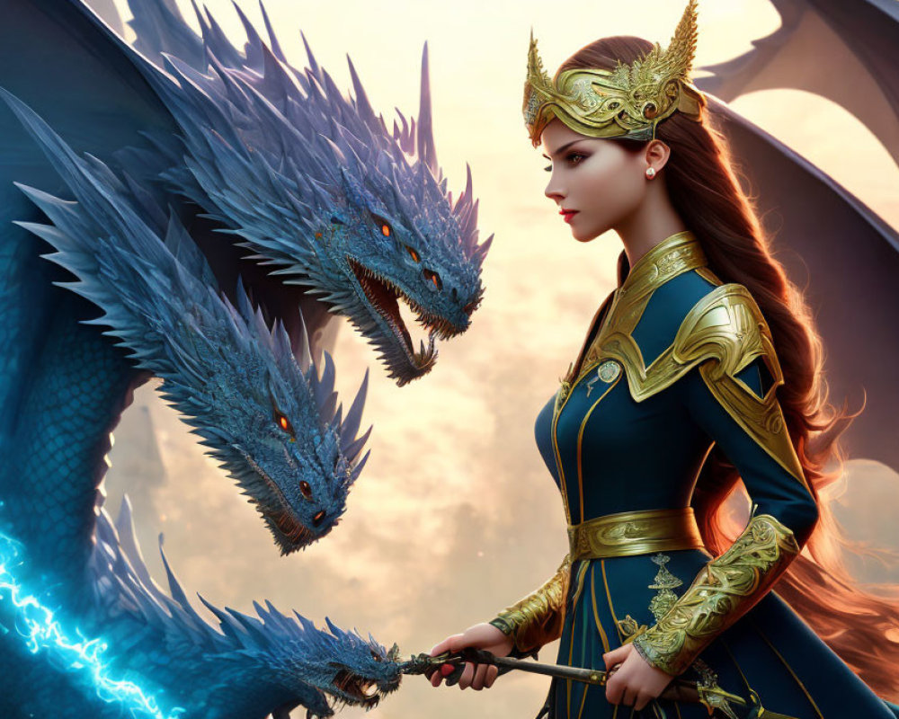 Regal woman in ornate armor with majestic blue dragon in warm light