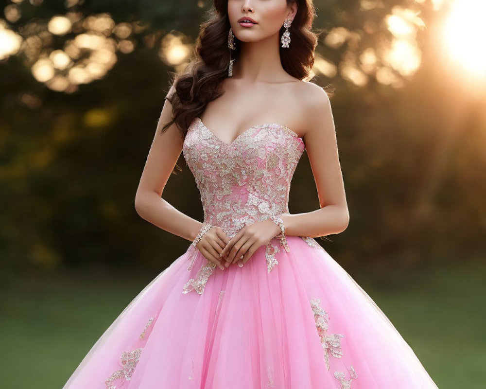 Pink Ball Gown with Lace Appliqués and Tiara Outdoors at Sunset