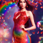 Woman in Red Sequined Dress Poses with Rainbow and Colorful Backdrop