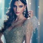 Glamorous woman in beaded gown with feathers and jewelry on bokeh background