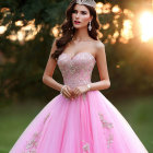 Pink Ball Gown with Lace Appliqués and Tiara Outdoors at Sunset