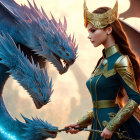 Regal woman in ornate armor with majestic blue dragon in warm light