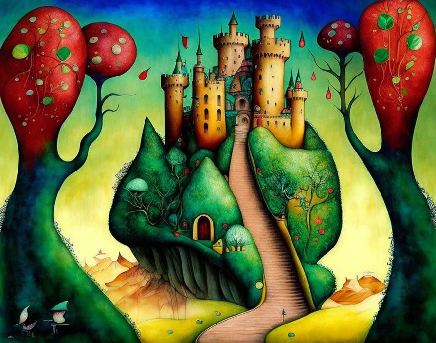 Fantastical painting of castle on colorful hills with oversized mushrooms