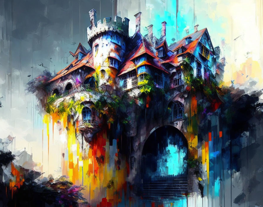 Vibrant impressionistic painting of a fantastical castle with colorful hues and overgrown greenery